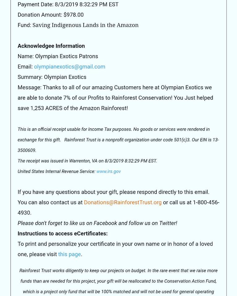 Olympian Exotics Donation to Rainforest Trust